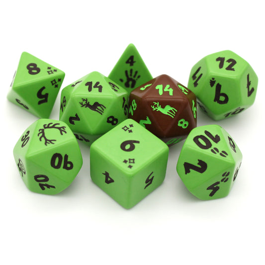 Cervus is an 8-piece engraved acrylic set in leafy green with elk transformation icons inked in forest brown. Included is an alternate d20 in reverse colors.