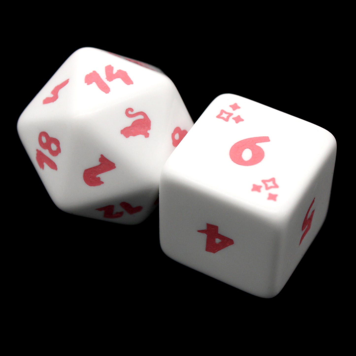 Felis is an 8-piece engraved acrylic set in soft white with cat transformation icons inked in purrfect pink. Included is an alternate d20 in reverse colors.