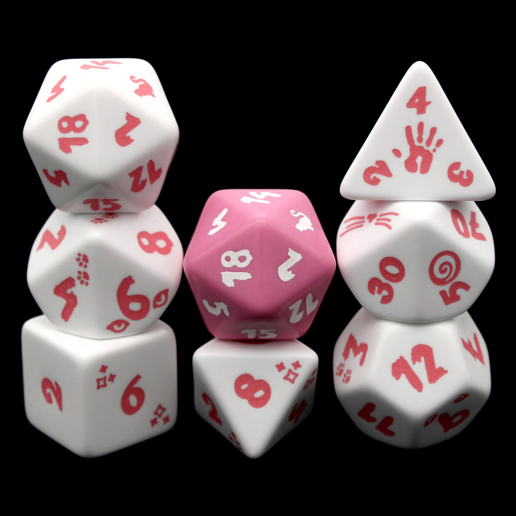 Felis is an 8-piece engraved acrylic set in soft white with cat transformation icons inked in purrfect pink. Included is an alternate d20 in reverse colors.