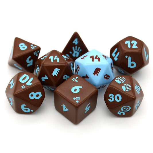 Grizzly is an 8-piece engraved acrylic set in bristling brown with bear transformation icons inked in cool lake blue. Included is an alternate d20 in reverse colors.
