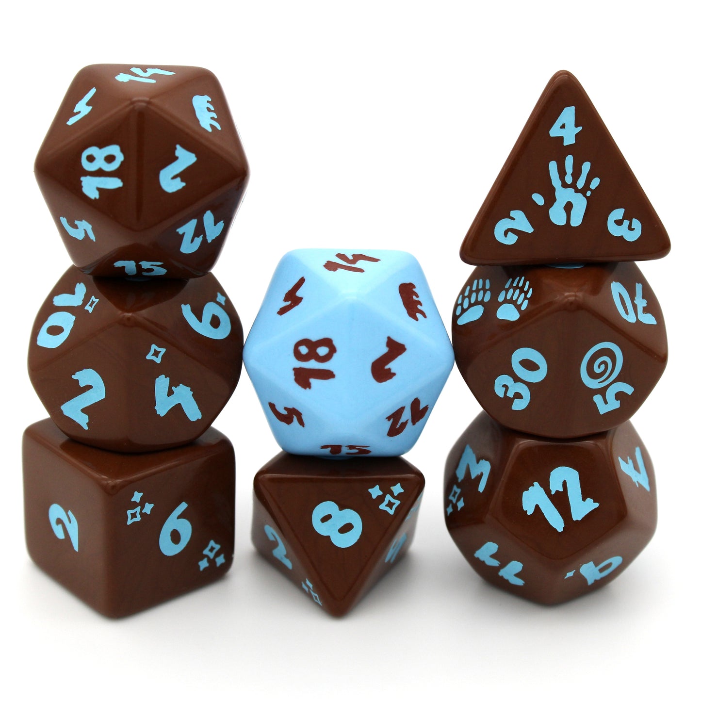 Grizzly is an 8-piece engraved acrylic set in bristling brown with bear transformation icons inked in cool lake blue. Included is an alternate d20 in reverse colors.