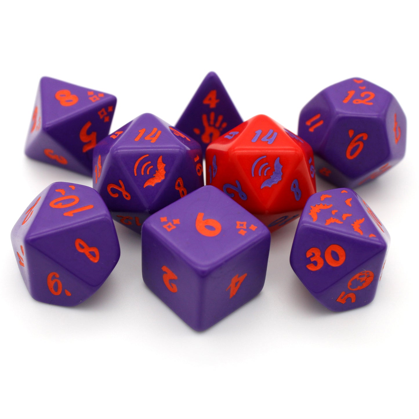 Vampire is an 8-piece engraved acrylic set in twilight purple with bat transformation icons inked in fresh blood red. Included is an alternate d20 in reverse colors.