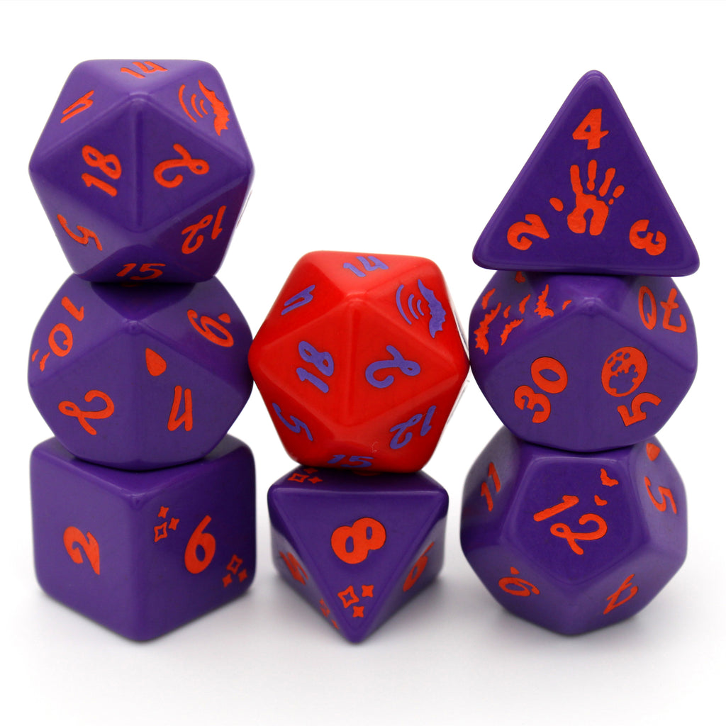 Vampire is an 8-piece engraved acrylic set in twilight purple with bat transformation icons inked in fresh blood red. Included is an alternate d20 in reverse colors.