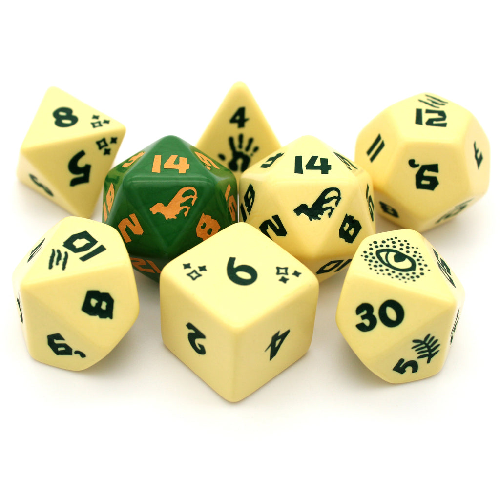 Velociraptor is an 8-piece engraved acrylic set in bone yellow with dinosaur transformation icons inked in prehistoric green. Included is an alternate d20 in reverse colors.