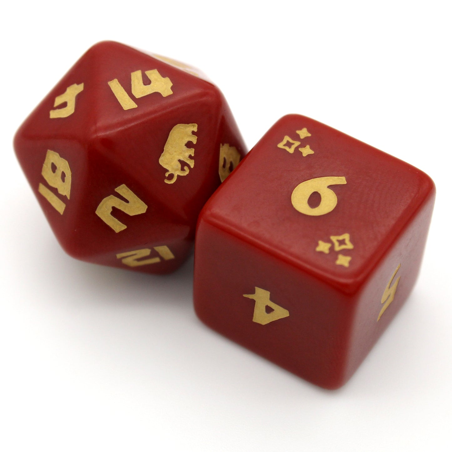 Woolly is an 8-piece engraved acrylic set in antique rust red with mammoth transformation icons inked in fossil tan. Included is an alternate d20 in reverse colors.