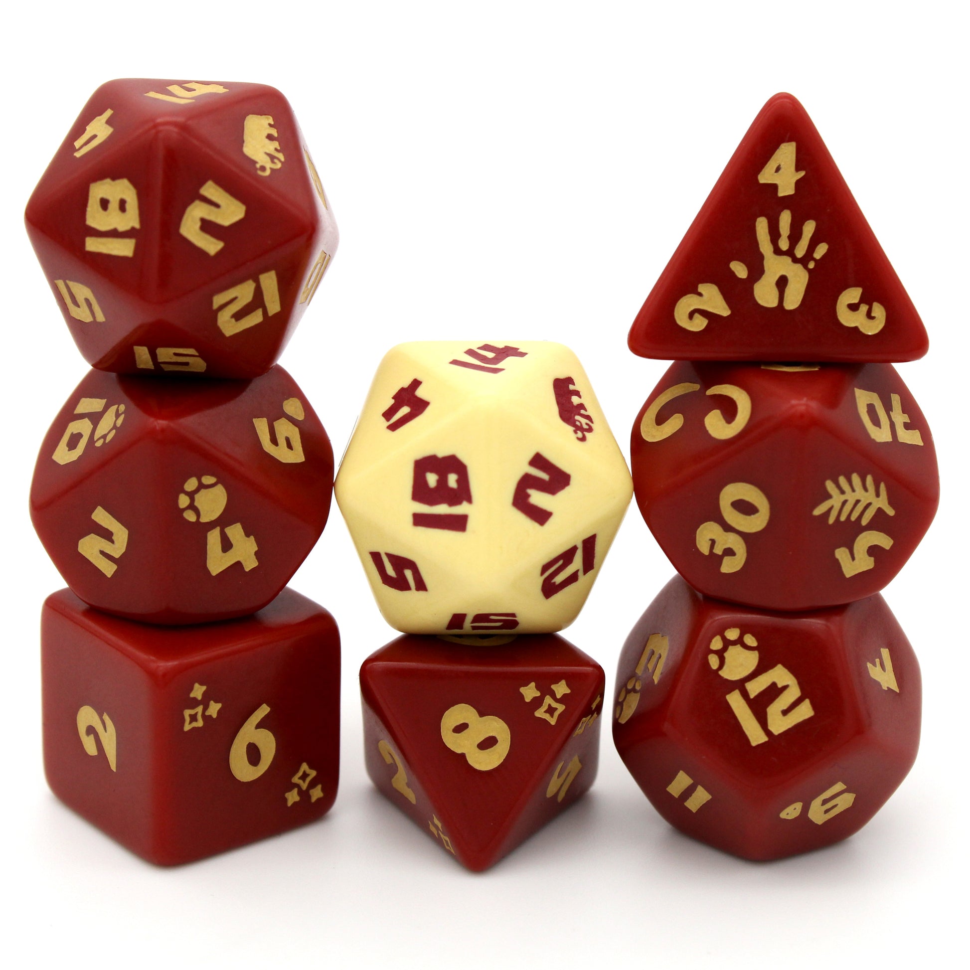 Woolly is an 8-piece engraved acrylic set in antique rust red with mammoth transformation icons inked in fossil tan. Included is an alternate d20 in reverse colors.
