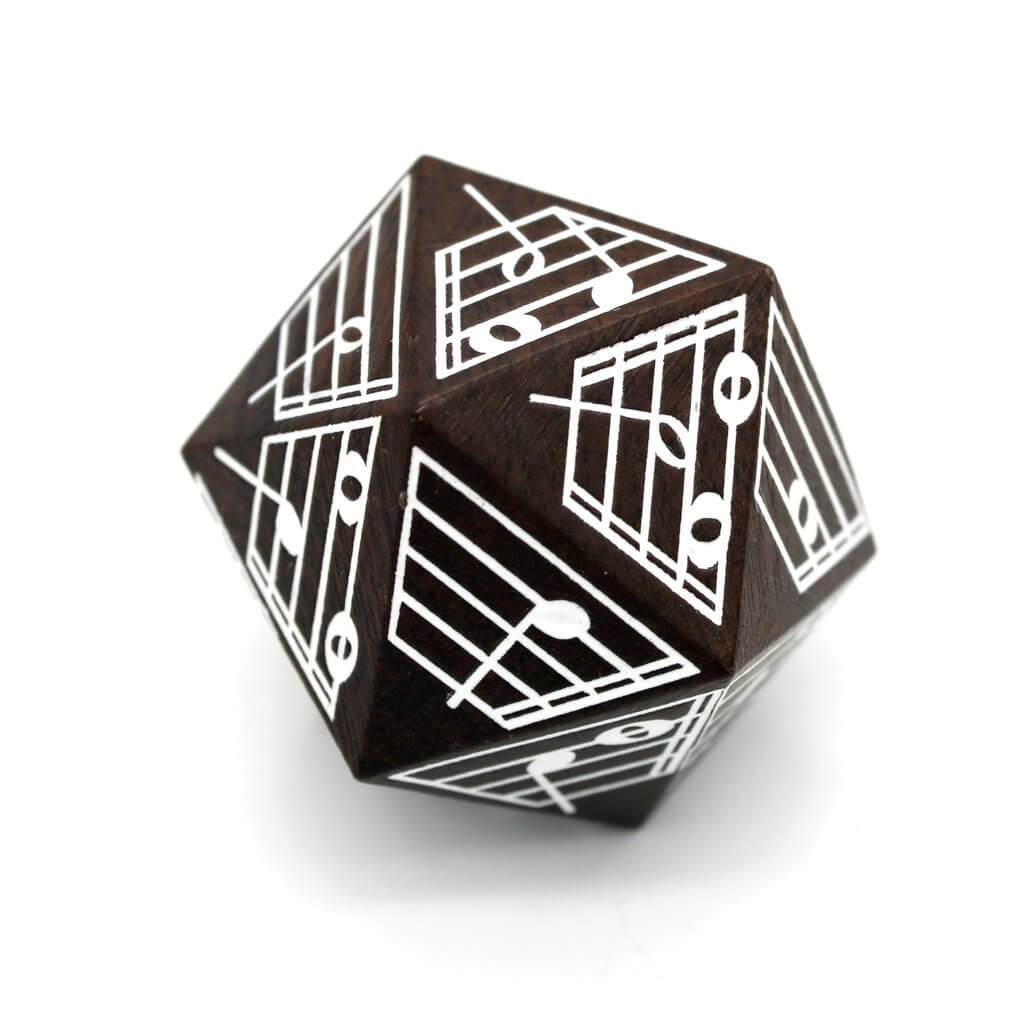 Large wooden d20 with music notes