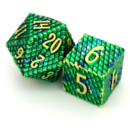 Wyrmscale is a 7-piece green and blue scaled metal set with bright gold numbering.
