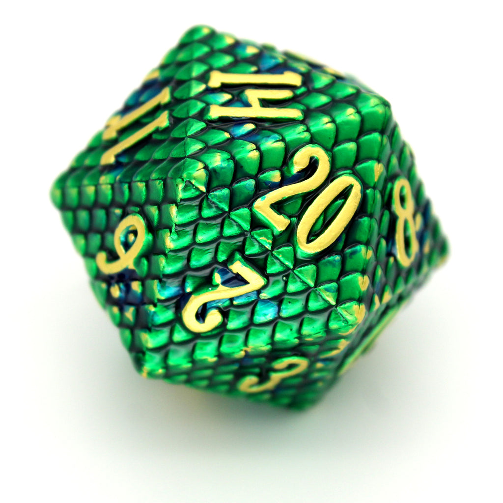 Wyrmscale is a 7-piece green and blue scaled metal set with bright gold numbering.